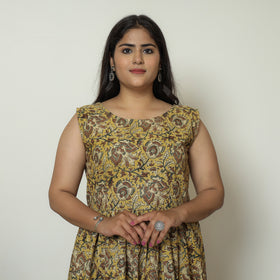 Yellow - Pedana Kalamkari Block Printed Cotton Tiered Dress 14