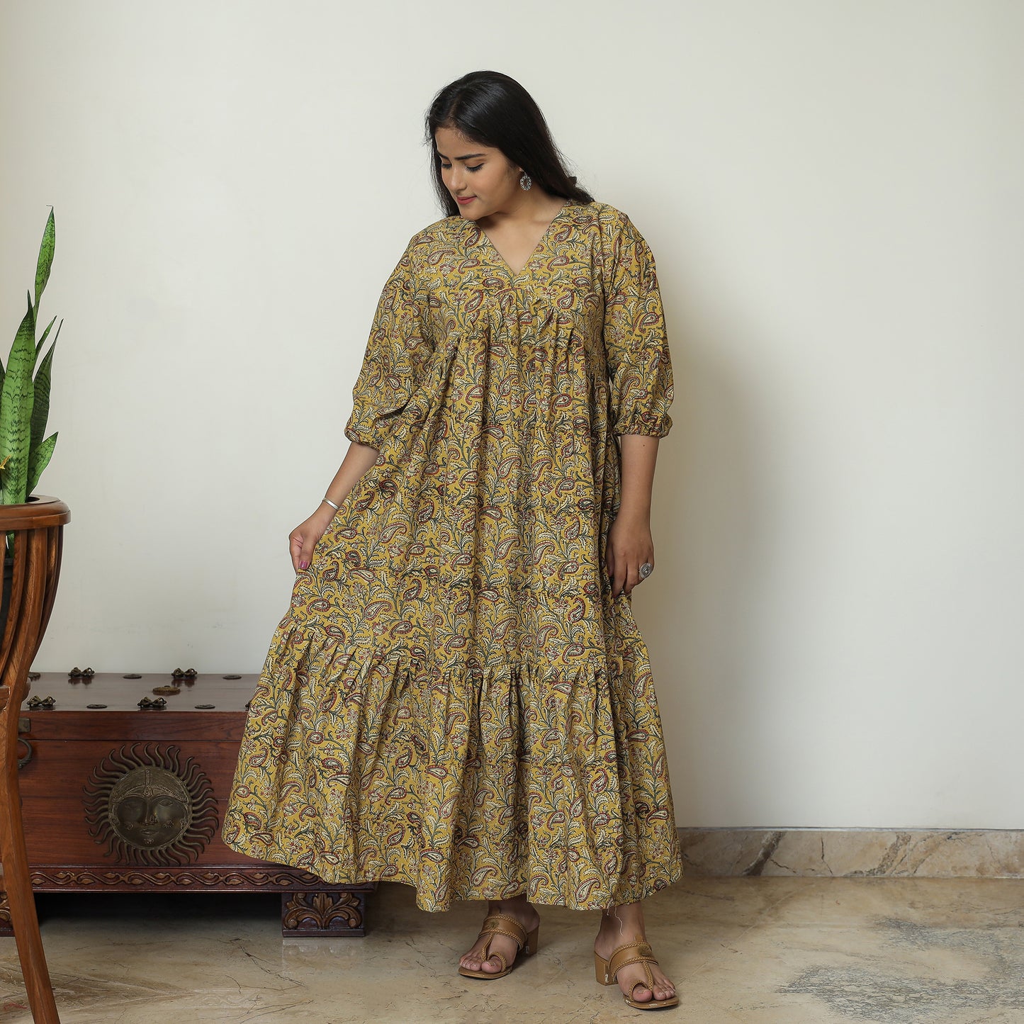 Yellow - Pedana Kalamkari Block Printed Cotton Flared Gher Dress 09