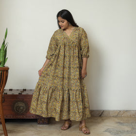 Yellow - Pedana Kalamkari Block Printed Cotton Flared Gher Dress 09