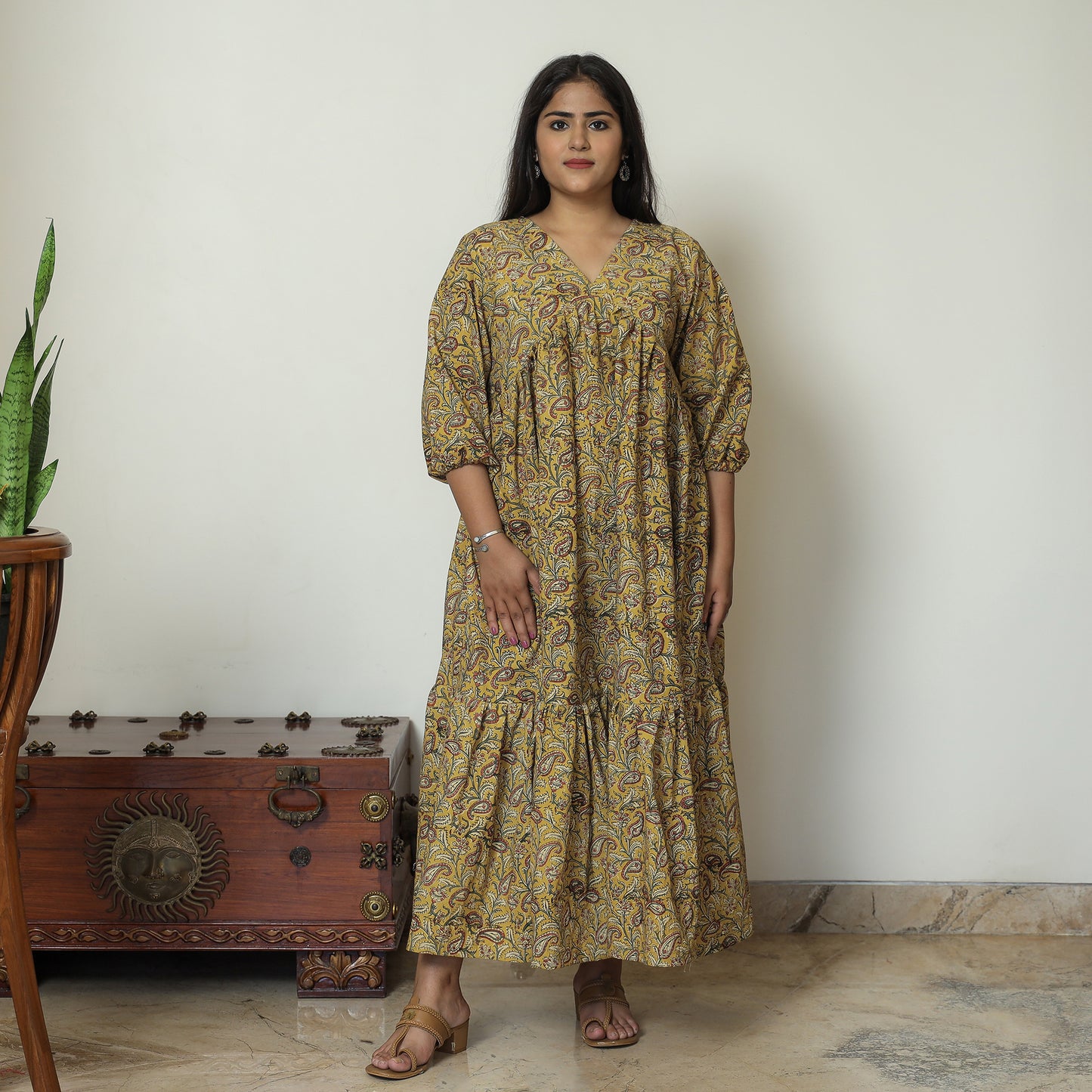 Yellow - Pedana Kalamkari Block Printed Cotton Flared Gher Dress 09