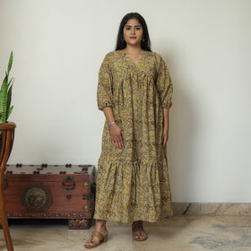 Yellow - Pedana Kalamkari Block Printed Cotton Flared Gher Dress 09