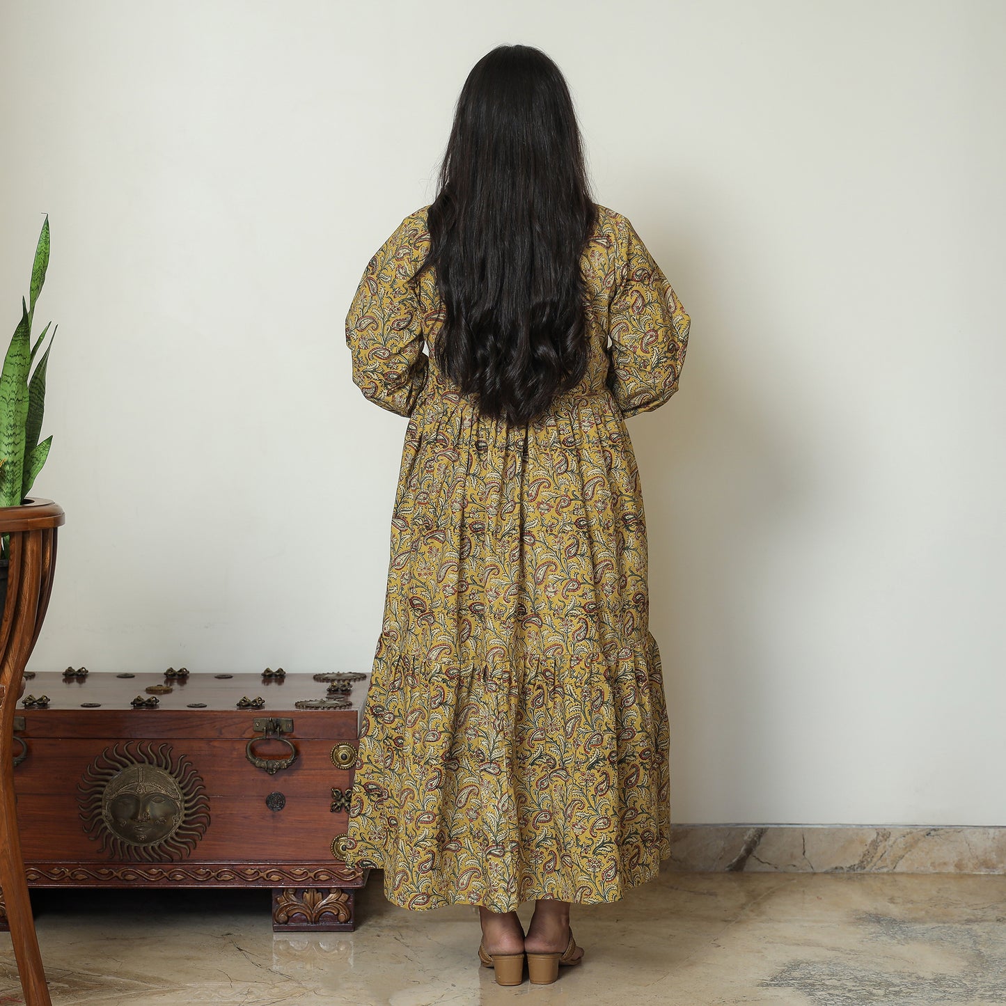 Yellow - Pedana Kalamkari Block Printed Cotton Flared Gher Dress 09