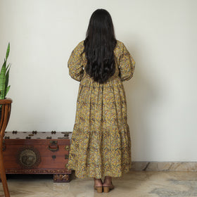 Yellow - Pedana Kalamkari Block Printed Cotton Flared Gher Dress 09
