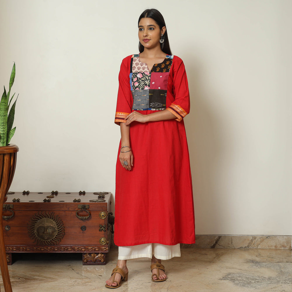 Red - Dharwad Cotton A-Line Kurta with Patchwork 09