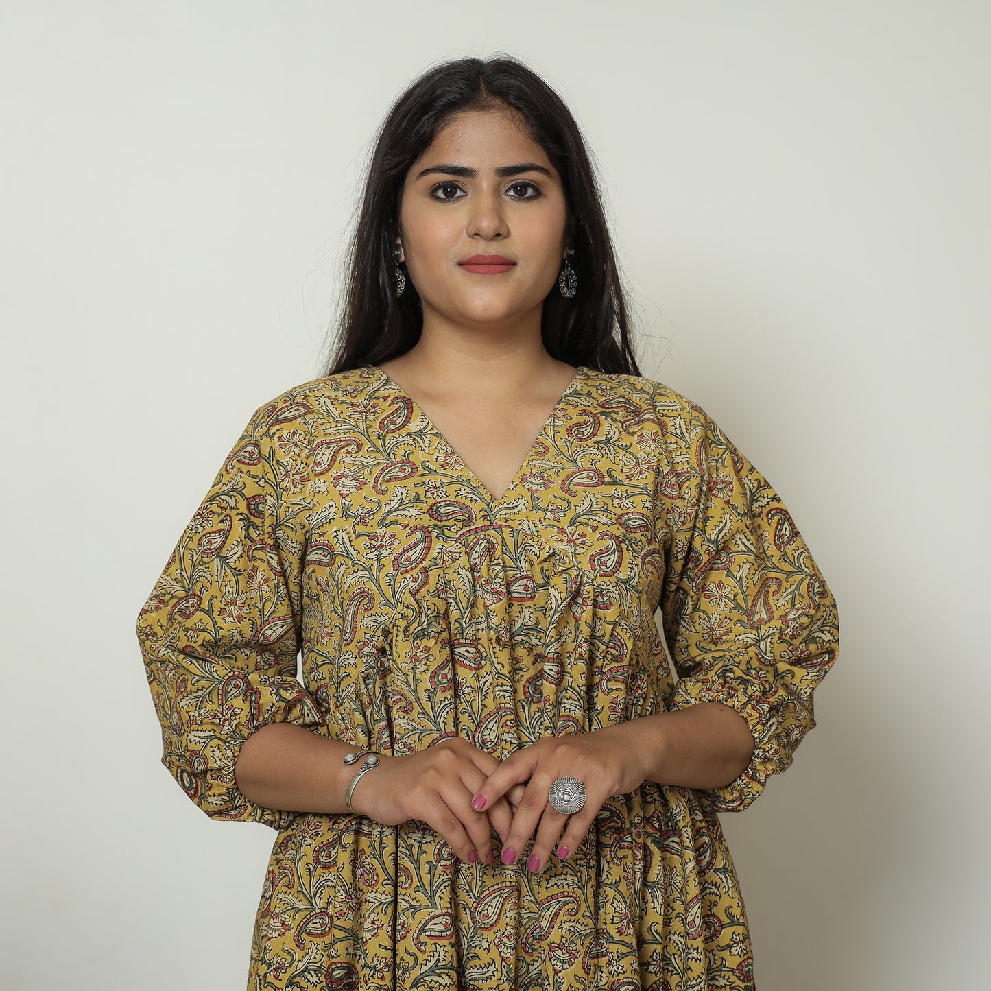 Yellow - Pedana Kalamkari Block Printed Cotton Flared Gher Dress 09