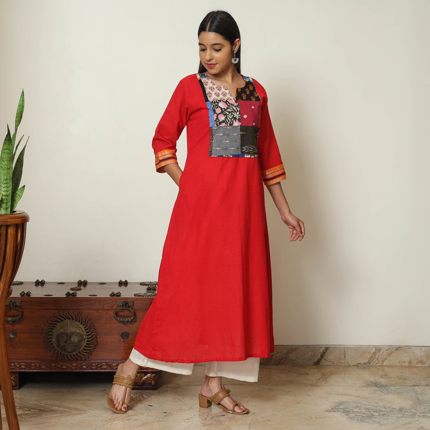 Red - Dharwad Cotton A-Line Kurta with Patchwork 09