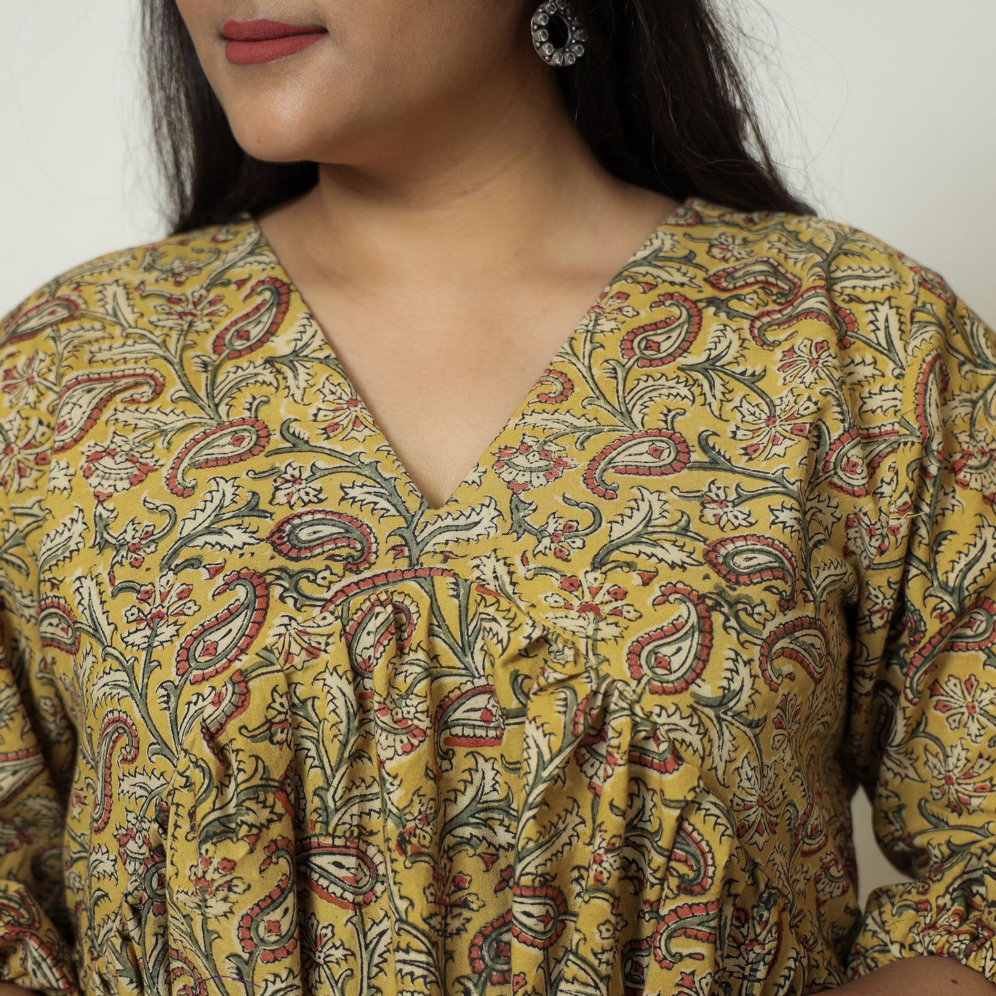 Yellow - Pedana Kalamkari Block Printed Cotton Flared Gher Dress 09