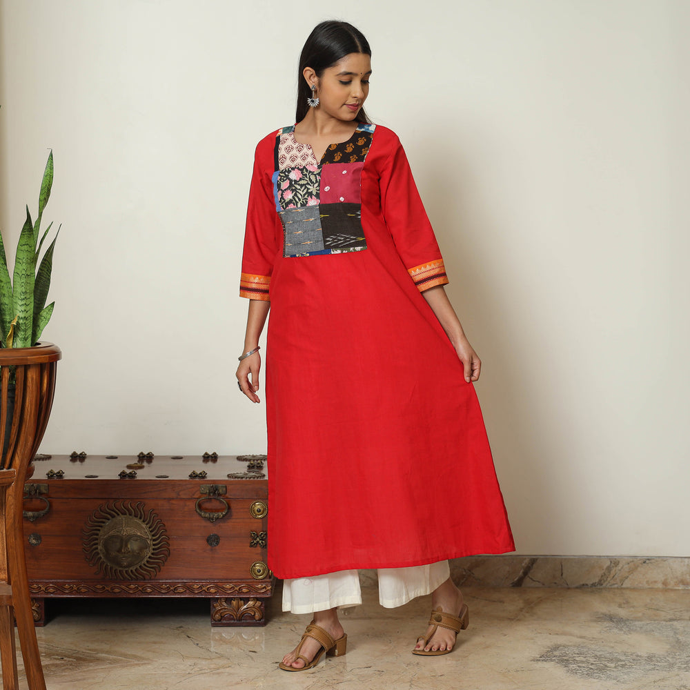 Red - Dharwad Cotton A-Line Kurta with Patchwork 09