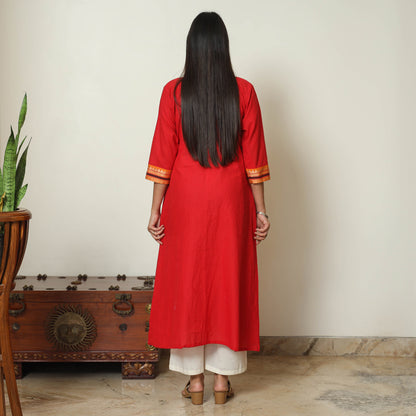Red - Dharwad Cotton A-Line Kurta with Patchwork 09