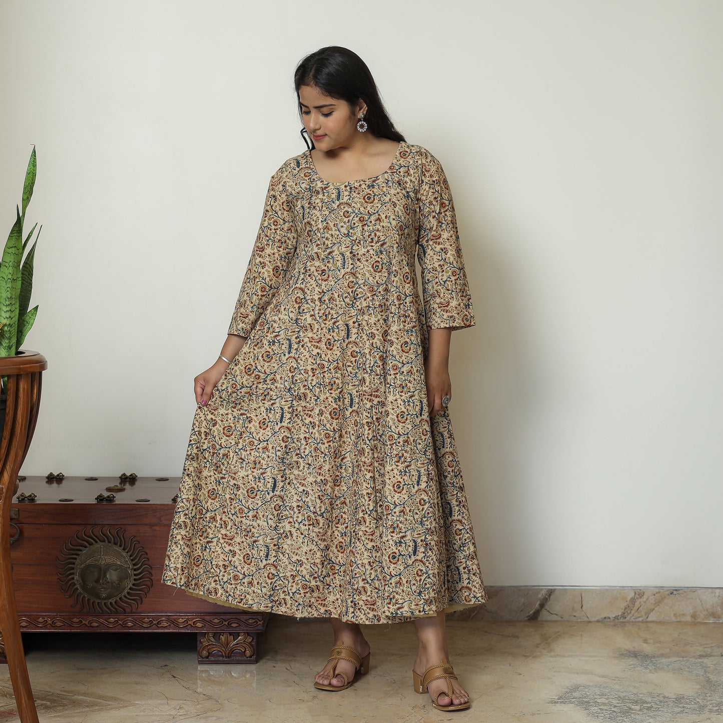 Beige - Pedana Kalamkari Block Printed Cotton Tiered Dress 05
