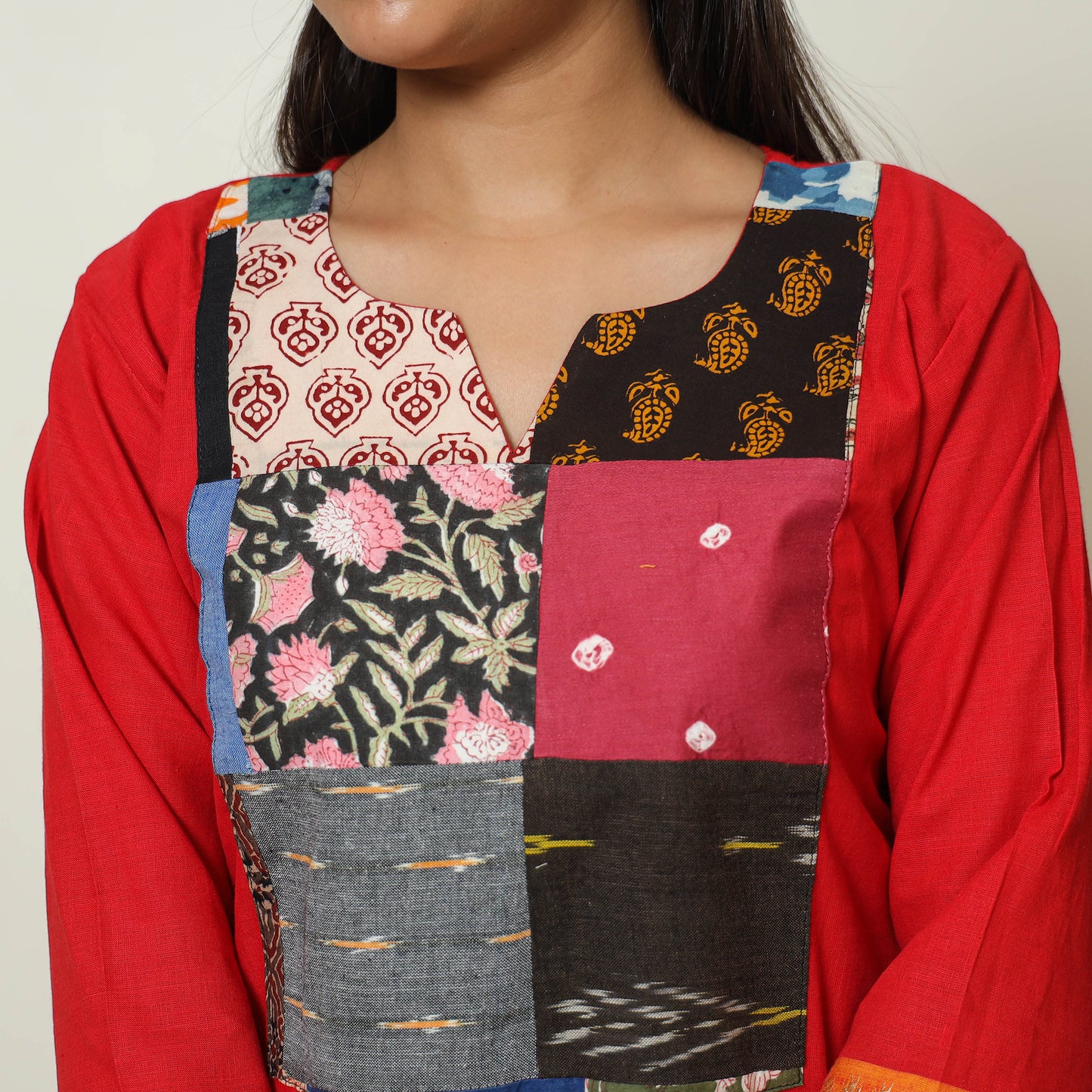 Red - Dharwad Cotton A-Line Kurta with Patchwork 09