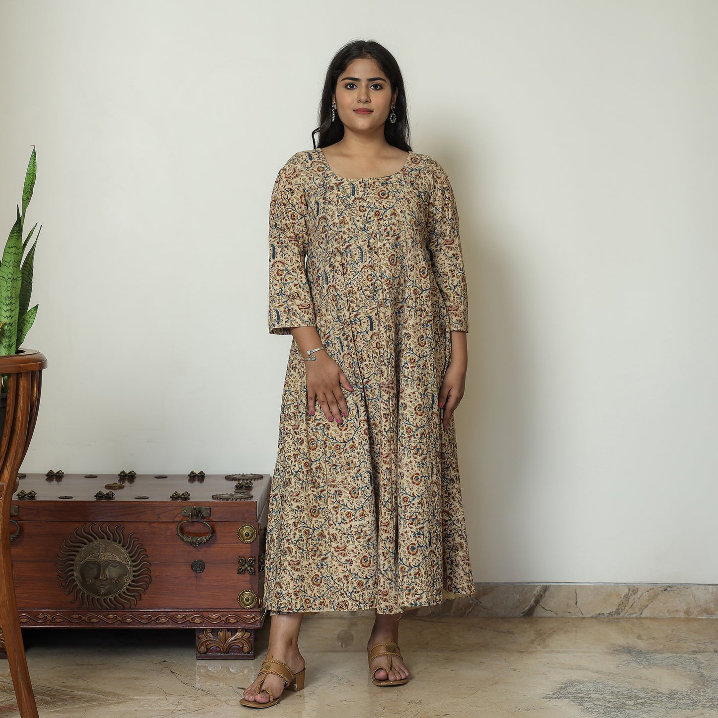 Beige - Pedana Kalamkari Block Printed Cotton Tiered Dress 05