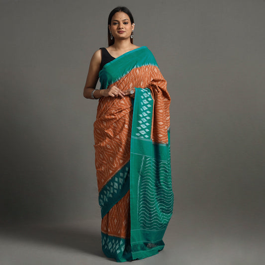 Brown - Pochampally Ikat Weave Handloom Cotton Saree