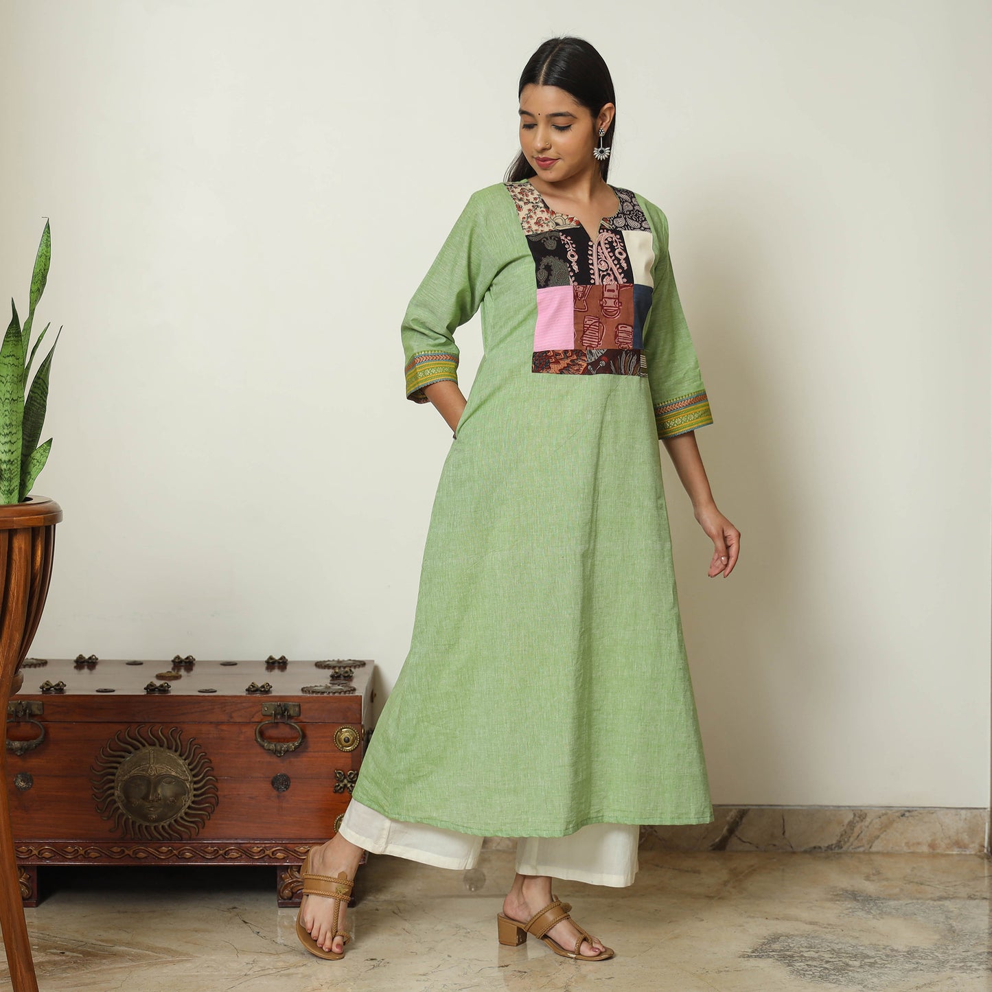 Green - Dharwad Cotton A-Line Kurta with Patchwork 07