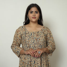 Beige - Pedana Kalamkari Block Printed Cotton Tiered Dress 05