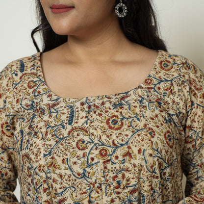 Beige - Pedana Kalamkari Block Printed Cotton Tiered Dress 05