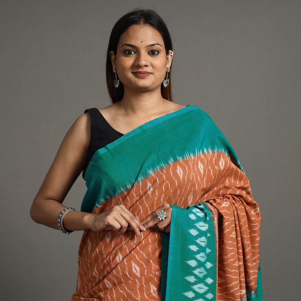 Brown - Pochampally Ikat Weave Handloom Cotton Saree