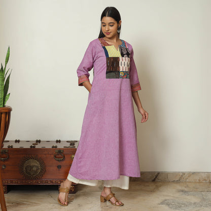 Purple - Dharwad Cotton A-Line Kurta with Patchwork 08