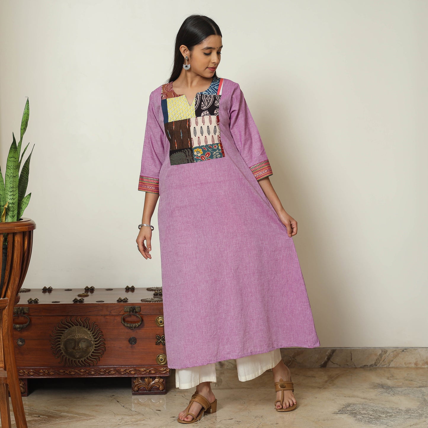 Purple - Dharwad Cotton A-Line Kurta with Patchwork 08