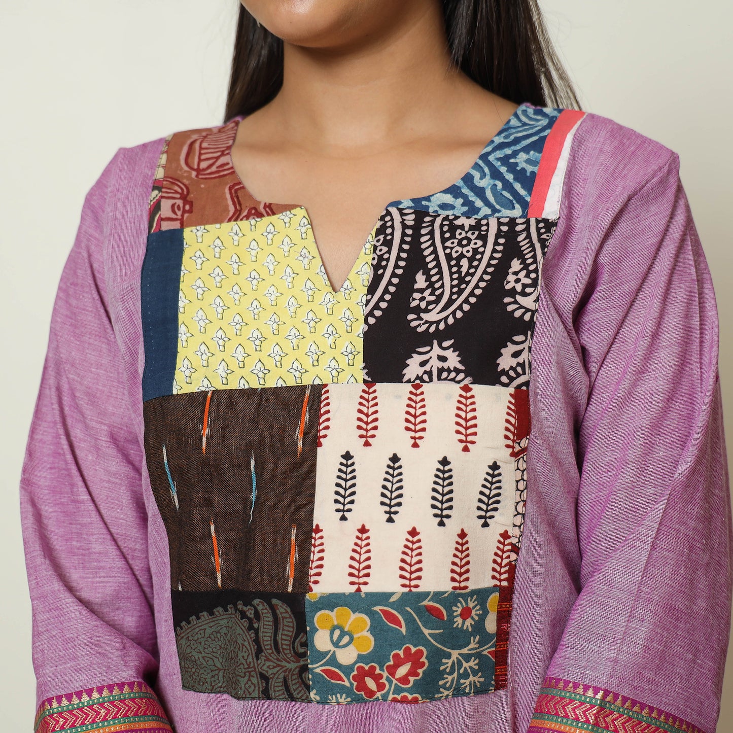 Purple - Dharwad Cotton A-Line Kurta with Patchwork 08