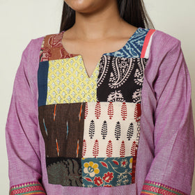 Purple - Dharwad Cotton A-Line Kurta with Patchwork 08
