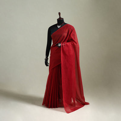 Red - Nazaakat Kota Doria Cotton Plain Saree with Blouse & Jewellery Set 155