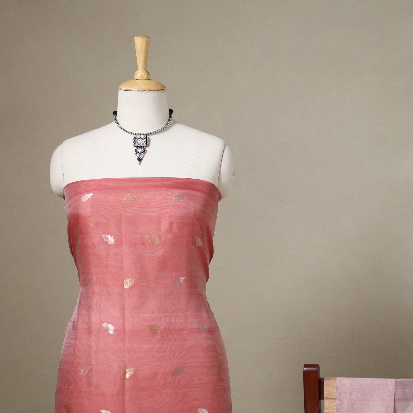  2pc Red Handloom Zari Buta Chanderi Silk Dress Material