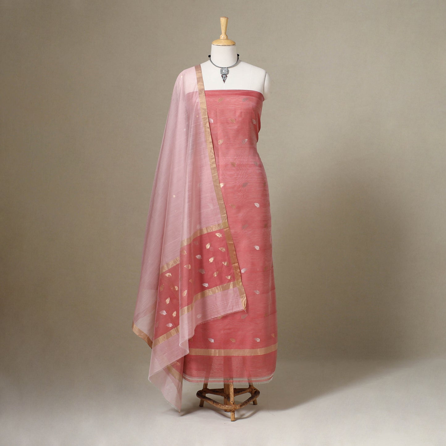  2pc Red Handloom Zari Buta Chanderi Silk Dress Material