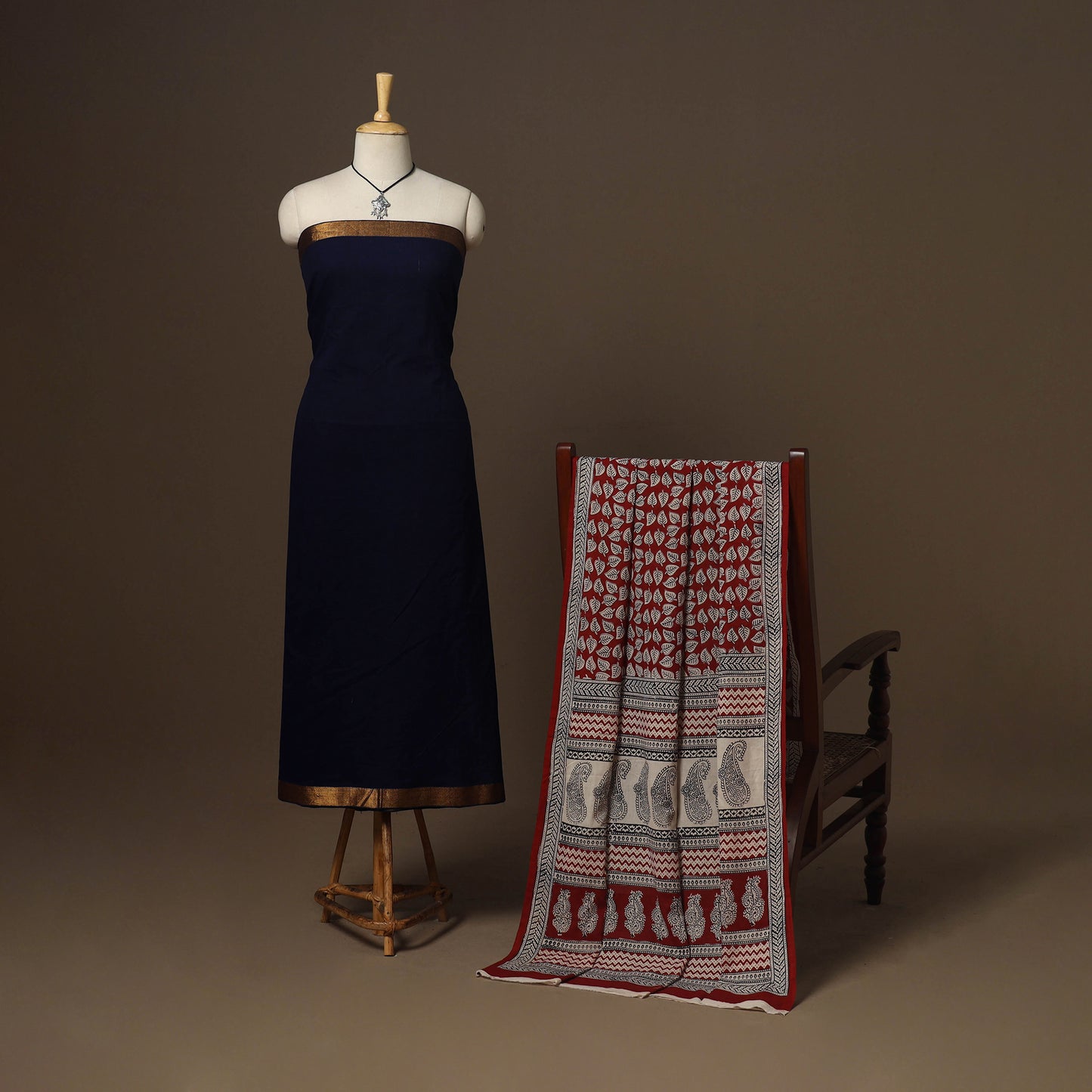 Blue - 2pc handloom cotton unstitched mangalagiri dress