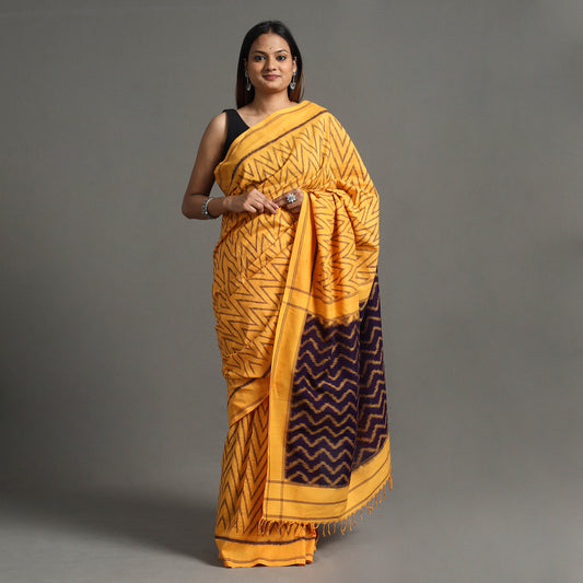 Yellow - Pochampally Ikat Weave Handloom Cotton Saree