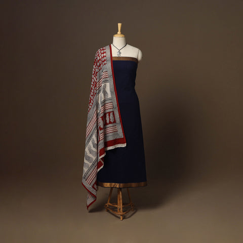 Blue - 2pc handloom cotton unstitched mangalagiri dress