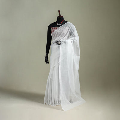 White - Nazaakat Kota Doria Cotton Plain Saree with Blouse & Jewellery Set 160