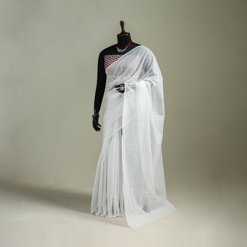 White - Nazaakat Kota Doria Cotton Plain Saree with Blouse & Jewellery Set 160