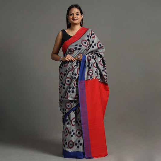 Grey - Pochampally Ikat Weave Handloom Cotton Saree