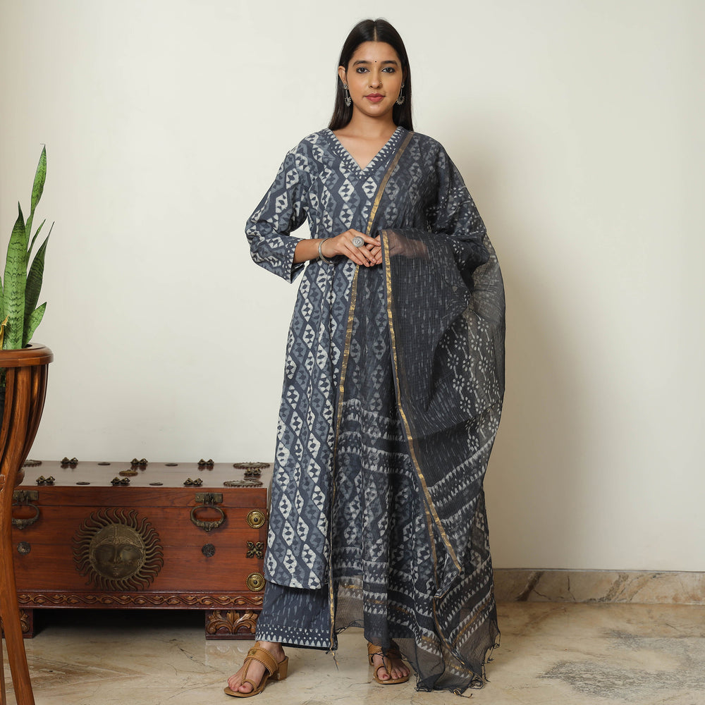 Grey - Bagru Block Printed Cotton Kurta with Palazzo & Kota Doria Dupatta Set 01