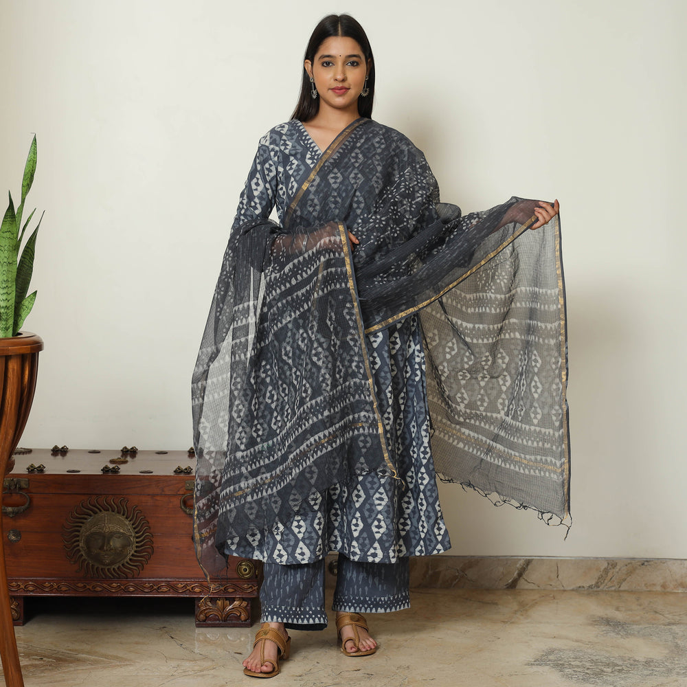 Grey - Bagru Block Printed Cotton Kurta with Palazzo & Kota Doria Dupatta Set 01