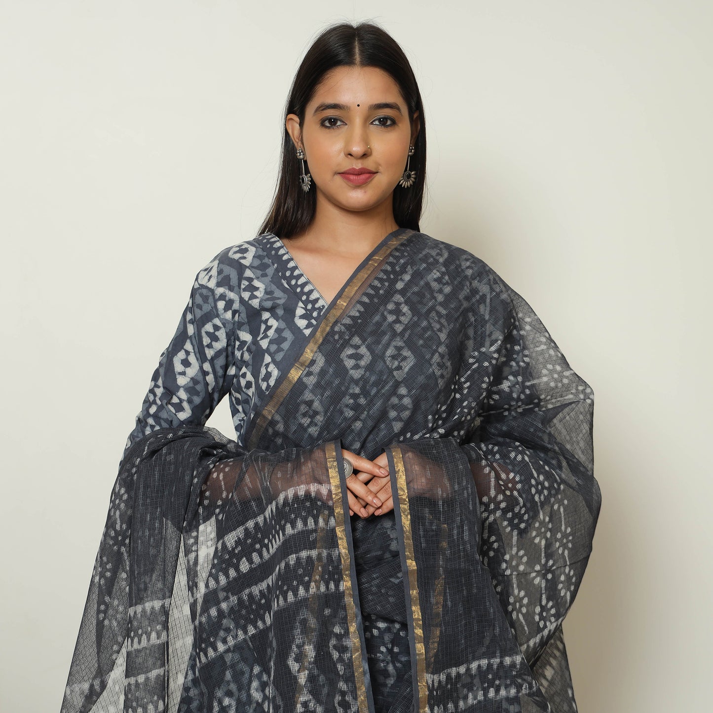 Blue - Bagru Block Printed Cotton Kurta with Palazzo & Kota Doria Dupatta Set 01