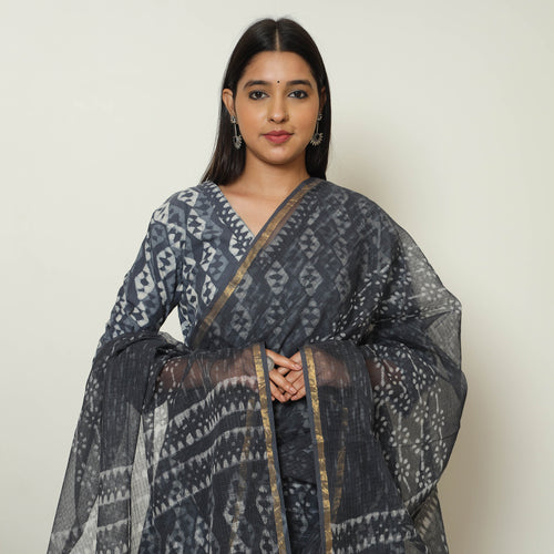 Grey - Bagru Block Printed Cotton Kurta with Palazzo & Kota Doria Dupatta Set 01