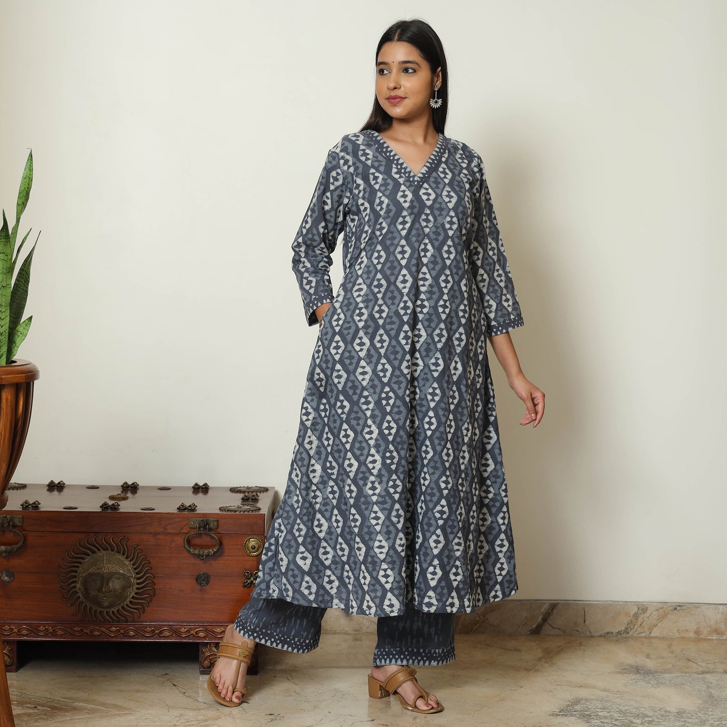 Blue - Bagru Block Printed Cotton Kurta with Palazzo & Kota Doria Dupatta Set 01