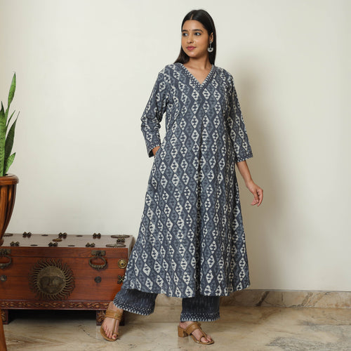 Grey - Bagru Block Printed Cotton Kurta with Palazzo & Kota Doria Dupatta Set 01