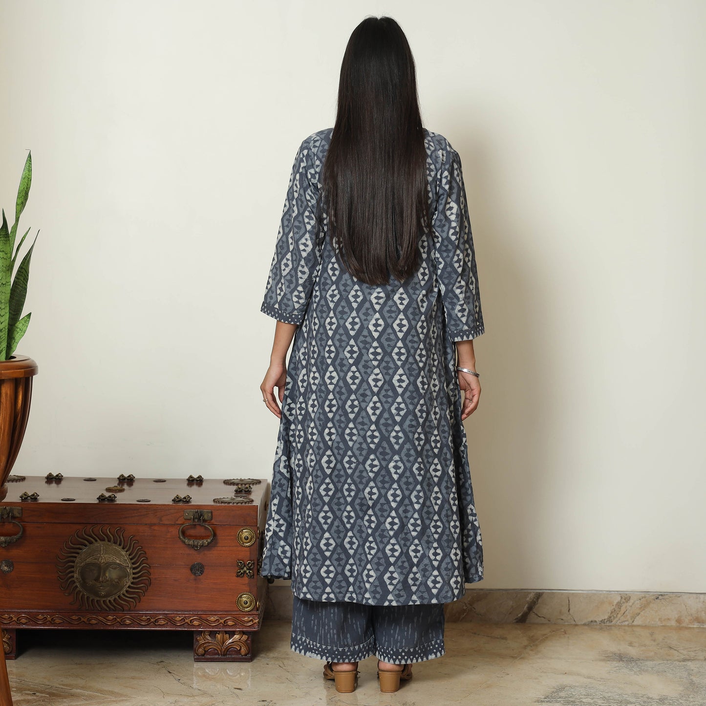 Blue - Bagru Block Printed Cotton Kurta with Palazzo & Kota Doria Dupatta Set 01