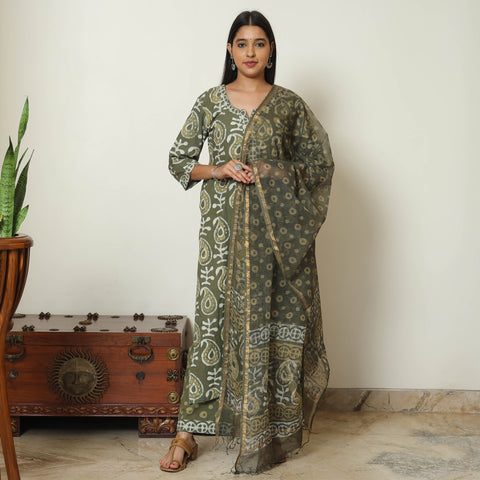 Green - Bagru Block Printed Cotton Kurta with Palazzo & Kota Doria Dupatta Set 13