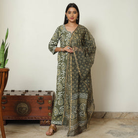 Green - Bagru Block Printed Cotton Kurta with Palazzo & Kota Doria Dupatta Set 13