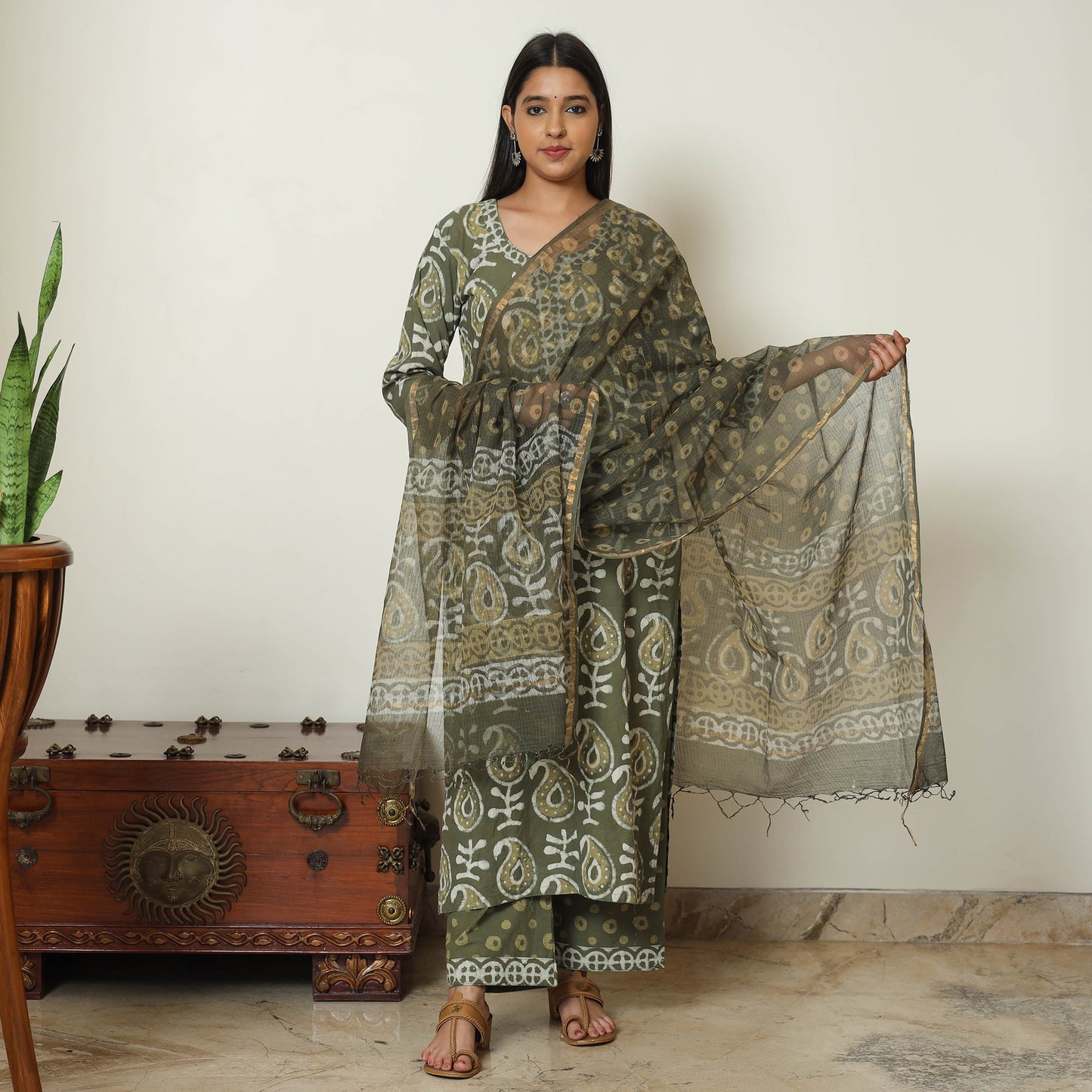 Green - Bagru Block Printed Cotton Kurta with Palazzo & Kota Doria Dupatta Set 13