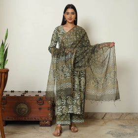 Green - Bagru Block Printed Cotton Kurta with Palazzo & Kota Doria Dupatta Set 13