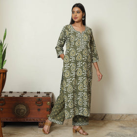 Green - Bagru Block Printed Cotton Kurta with Palazzo & Kota Doria Dupatta Set 13