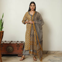 Brown - Bagru Block Printed Cotton Kurta with Palazzo & Kota Doria Dupatta Set 11