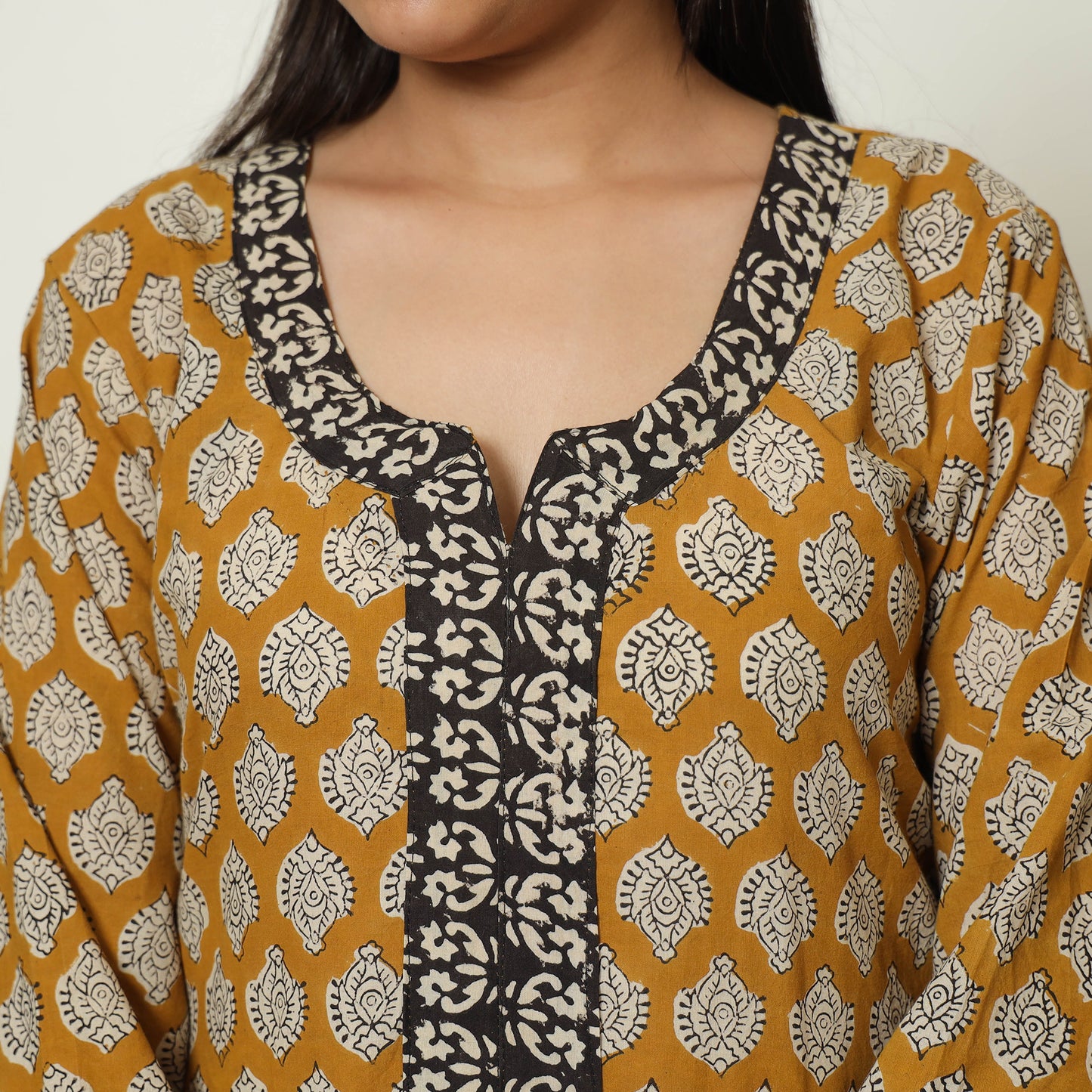 Brown - Bagru Block Printed Cotton Kurta with Palazzo & Kota Doria Dupatta Set 11