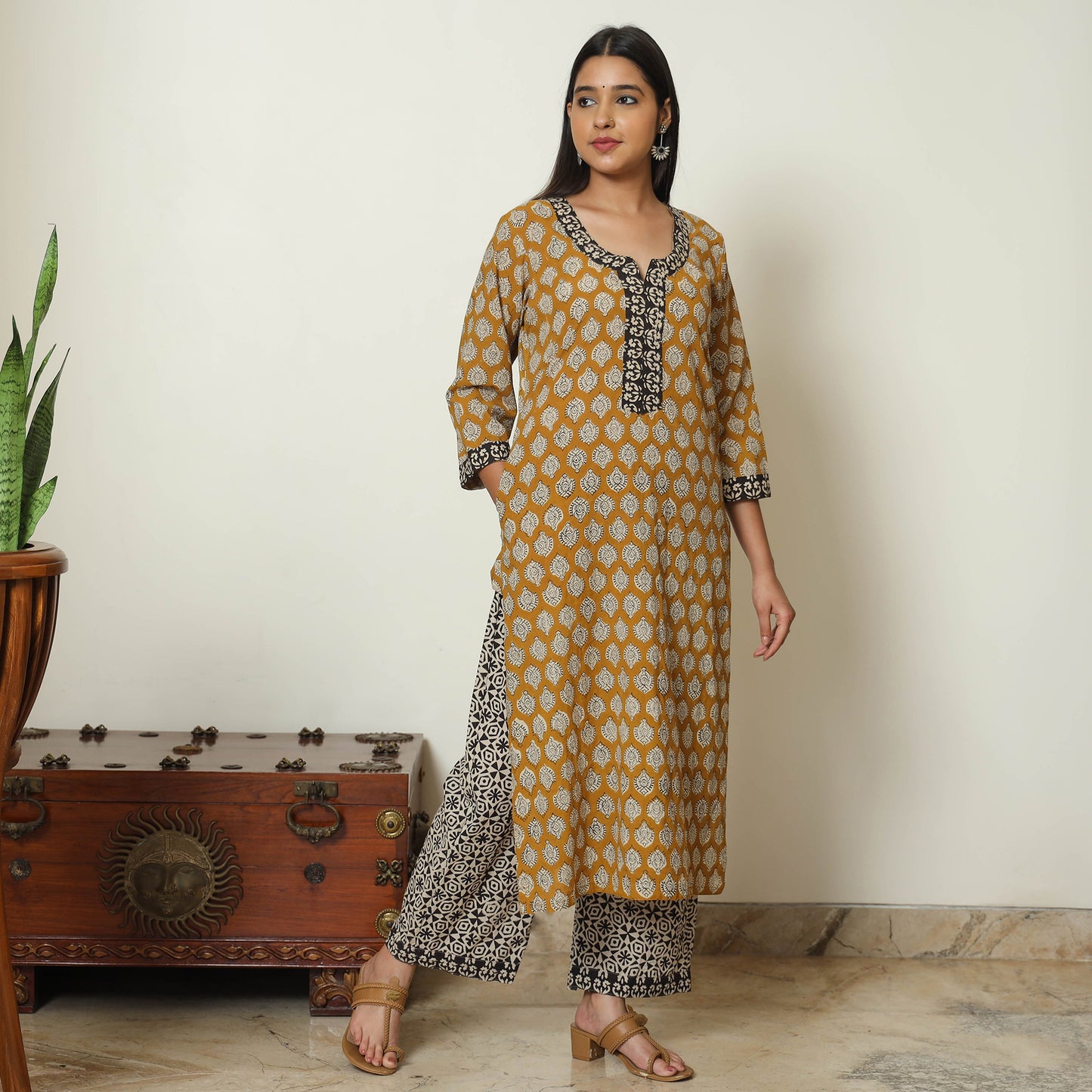 Brown - Bagru Block Printed Cotton Kurta with Palazzo & Kota Doria Dupatta Set 11