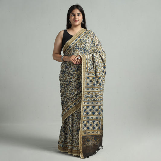 Beige - Ajrakh Block Printed Handloom Mul Cotton Natural Dyed Saree with Blouse Piece 01